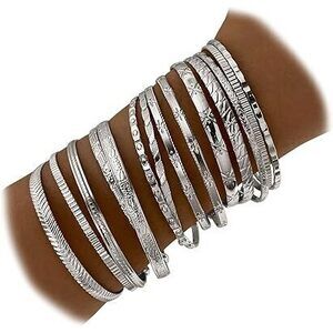 Silver Bangles Bracelets For Women, Silver Multi Layer Stackable Open Bracelet